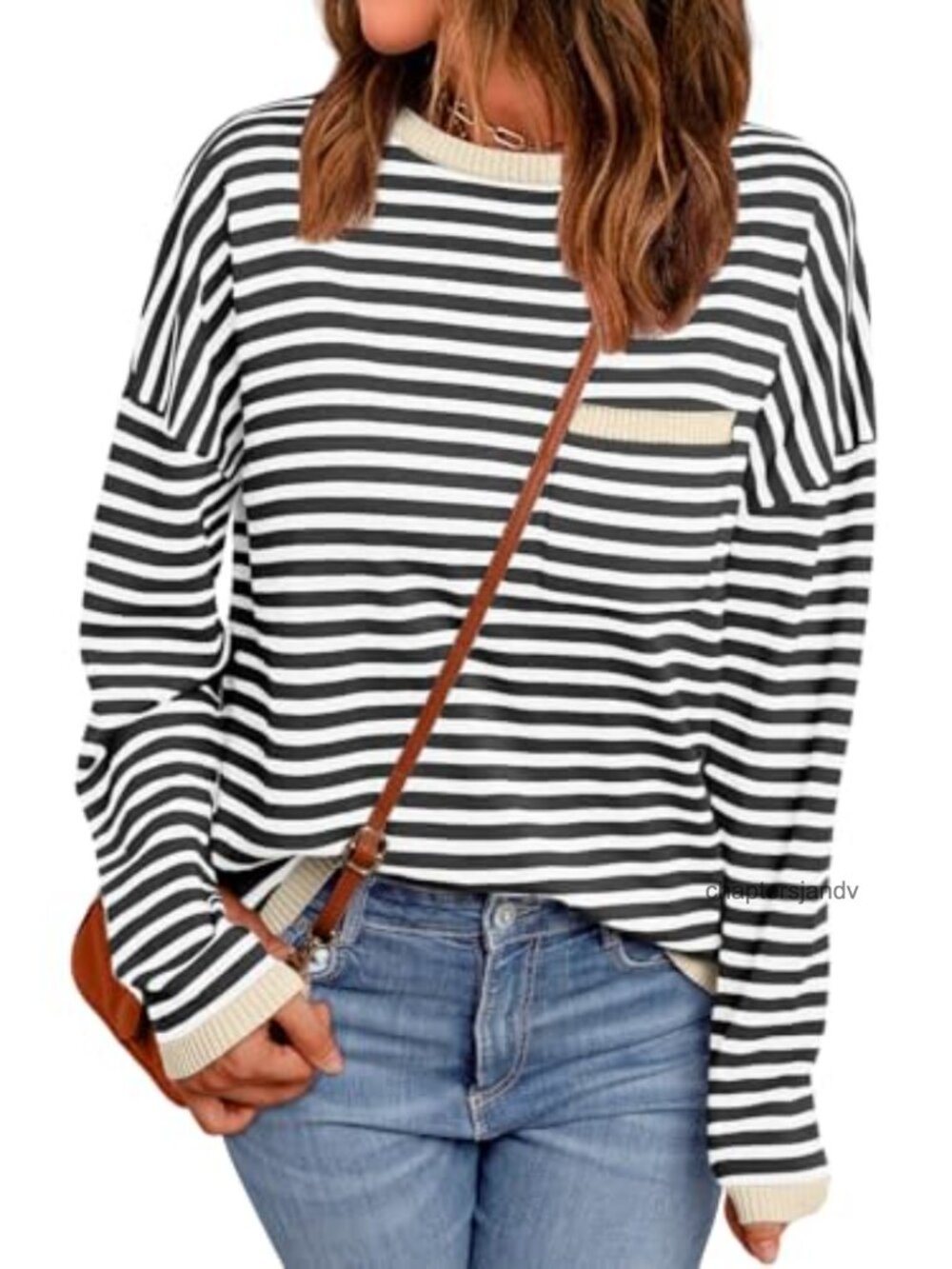Oversized Striped Crewneck Sweater Cotton Knit Pullover